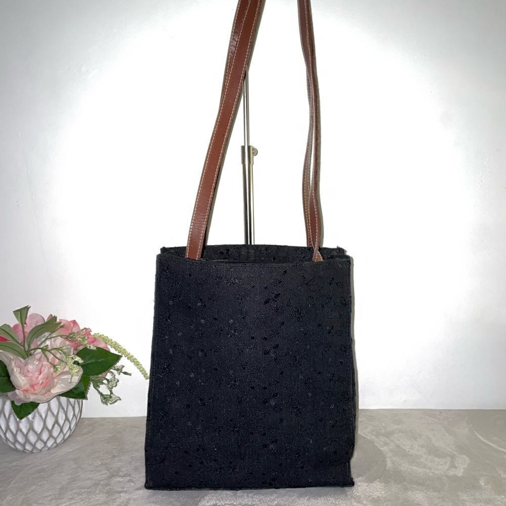 Bechamel Embroidered Tote with Leather Trim Black Small